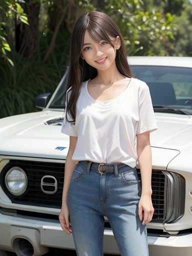 Japanese female, a lot of details, (underweight), 30 years old, detailed black hair, beautiful detailed hair, super fucking beautiful, delicate beautiful face, complex details beautiful and delicate eyes, perfect hands, (flat chest best quality:1.5), perfect and delicate limbs, detailed skin, best quality, ultra-detailed,(cheerful grin:1.5),(extreme long shot:1.4),
(stand in front of an off-road vehicle), full body, Personage as the main perspective, standing, very long hair, (short sleeves), (jeans), (leopard print cloth), (white Clothes), sunlight, grassland,