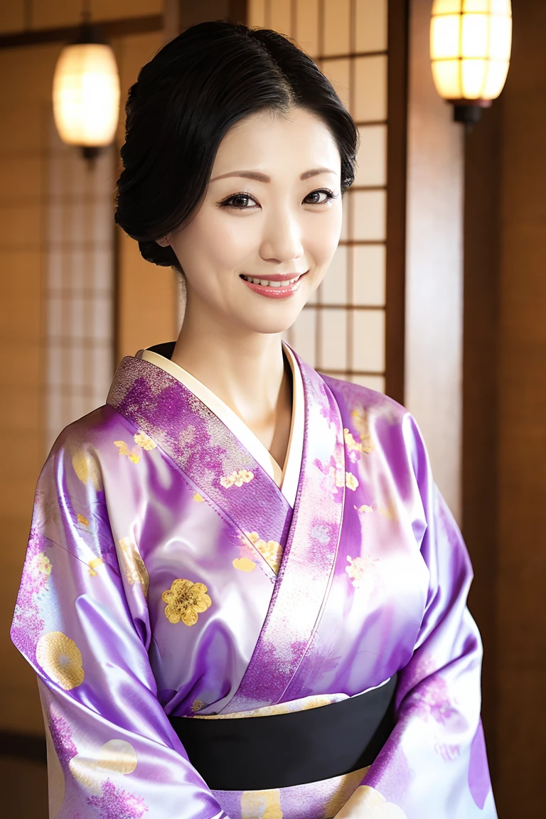 (Highest quality、Tabletop、8K、Best image quality、Award-winning works)、(One beautiful mature woman:1.1)、Adult face、(Innkeeper:1.1)、(A top-quality purple kimono with an elegant floral pattern:1.2)、(A kimono with a perfect and precise collar:1.2)、Perfect mature woman portrait photo、Glowing Skin、Standing Elegantly、(Blurred elegant and exquisite perfect Japanese style room background:1.3)、(The most natural and perfect tidy Japanese style room background:1.2)、(Strongly blurred background:1.2)、Glowing Skin、Very beautiful skin、(Accentuate your body lines:1.1)、(The most graceful posture:1.2)、(Large Breasts:1.2)、A perfect smile、Perfect beautiful glossy lips、(Accurate anatomy:1.2)、(A perfect and elegant outfit:1.1)、(Standing with good posture:1.1)、(Beautiful, high-quality patterned kimono:1.2)、、(Perfect and natural beautiful sleeves:1.2)、(A perfect and natural beautiful collar:1.2)、(Perfect and natural beautiful sleeves:1.2)、(The finest patterned kimono obi:1.4)、(A perfect and natural beautiful kimono obi:1.1)、(Chignon:1.2)