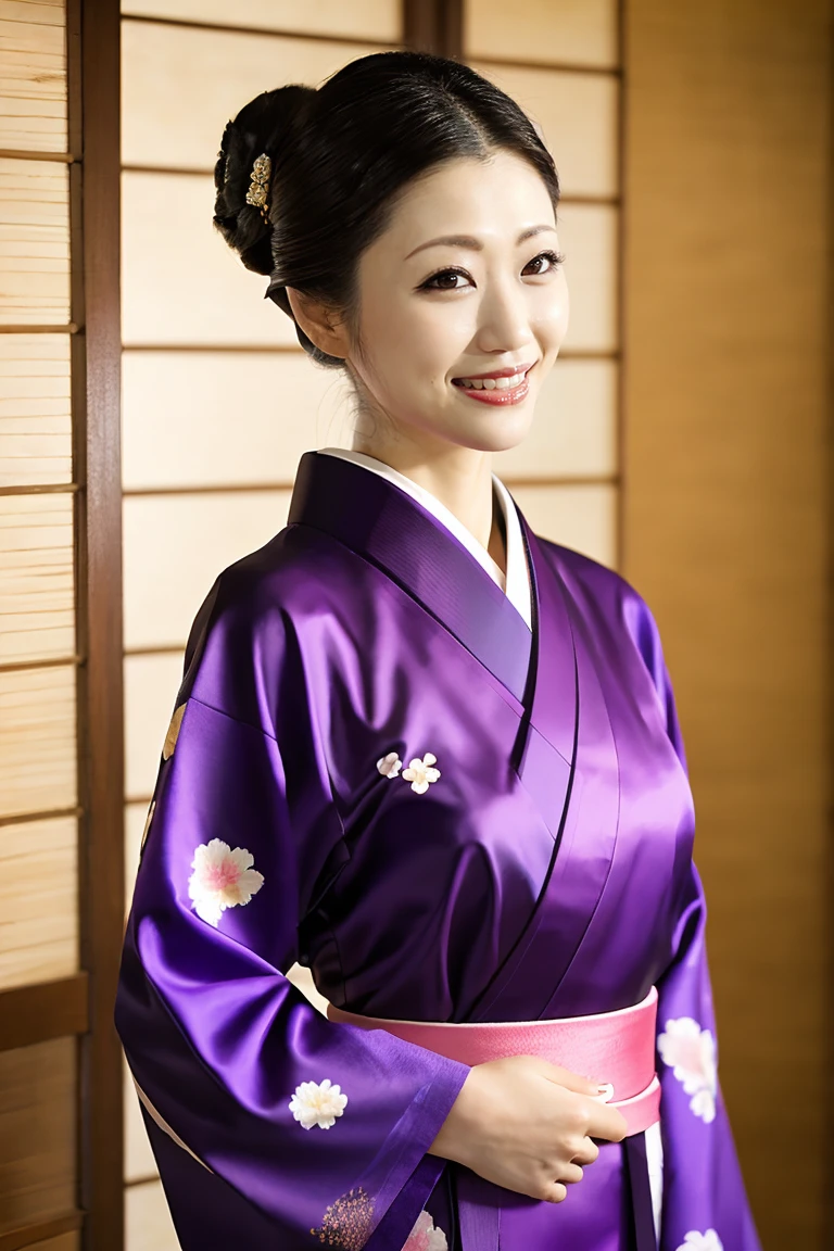 (Highest quality、Tabletop、8K、Best image quality、Award-winning works)、(One beautiful mature woman:1.1)、Adult face、(Innkeeper:1.1)、(A top-quality purple kimono with an elegant floral pattern:1.2)、(A kimono with a perfect and precise collar:1.2)、Perfect mature woman portrait photo、Glowing Skin、Standing Elegantly、(Blurred elegant and exquisite perfect Japanese style room background:1.3)、(The most natural and perfect tidy Japanese style room background:1.2)、(Strongly blurred background:1.2)、Glowing Skin、Very beautiful skin、(Accentuate your body lines:1.1)、(The most graceful posture:1.2)、(Large Breasts:1.2)、A perfect smile、Perfect beautiful glossy lips、(Accurate anatomy:1.2)、(A perfect and elegant outfit:1.1)、(Standing with good posture:1.1)、(Beautiful, high-quality patterned kimono:1.2)、、(Perfect and natural beautiful sleeves:1.2)、(A perfect and natural beautiful collar:1.2)、(Perfect and natural beautiful sleeves:1.2)、(The finest patterned kimono obi:1.4)、(A perfect and natural beautiful kimono obi:1.1)、(Chignon:1.2)