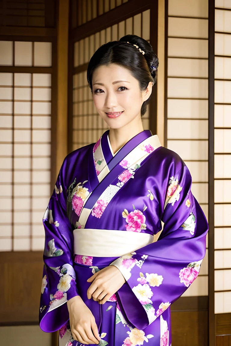 (Highest quality、Tabletop、8K、Best image quality、Award-winning works)、(One beautiful mature woman:1.1)、Adult face、(Innkeeper:1.1)、(A top-quality purple kimono with an elegant floral pattern:1.2)、(A kimono with a perfect and precise collar:1.2)、Perfect mature woman portrait photo、Glowing Skin、Standing Elegantly、(Blurred elegant and exquisite perfect Japanese style room background:1.3)、(The most natural and perfect tidy Japanese style room background:1.2)、(Strongly blurred background:1.2)、Glowing Skin、Very beautiful skin、(Accentuate your body lines:1.1)、(The most graceful posture:1.2)、(Large Breasts:1.2)、A perfect smile、Perfect beautiful glossy lips、(Accurate anatomy:1.2)、(A perfect and elegant outfit:1.1)、(Standing with good posture:1.1)、(Beautiful, high-quality patterned kimono:1.2)、、(Perfect and natural beautiful sleeves:1.2)、(A perfect and natural beautiful collar:1.2)、(Perfect and natural beautiful sleeves:1.2)、(The finest patterned kimono obi:1.4)、(A perfect and natural beautiful kimono obi:1.1)、(Chignon:1.2)
