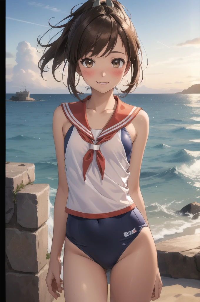 ((masterpiece)),(Highest quality),Official Art,Highly detailed CG,unity 8k wallpaper,Super detailed,Lighthouse on top of a cliff by the sea,One girl,一人in,Cowboy Shot,brown_hair,Dark Skin,Sunburn,School_Swimwear,brown_eye,smile,one piece_Swimwear,Swimwear_Down_Clothes,Sailor_collar,short_hair,Looking_in_Audience,blush,School_uniform,short_ponytail,