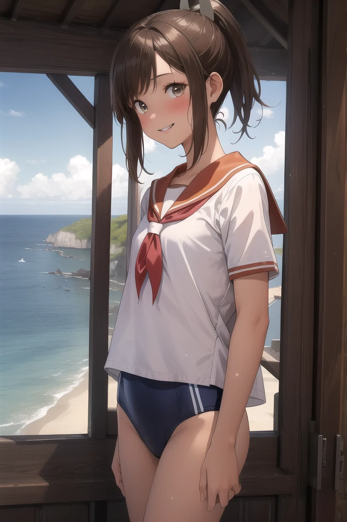 ((masterpiece)),(Highest quality),Official Art,Highly detailed CG,unity 8k wallpaper,Super detailed,Lighthouse on top of a cliff by the sea,One girl,一人in,Cowboy Shot,brown_hair,Dark Skin,Sunburn,School_Swimwear,brown_eye,smile,one piece_Swimwear,Swimwear_Down_Clothes,Sailor_collar,short_hair,Looking_in_Audience,blush,School_uniform,short_ponytail,