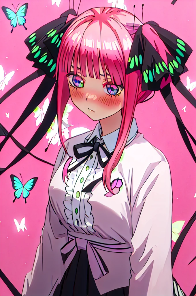 Highest quality, masterpiece, High resolution, alone, Nakano Nino, 前hair, pink_hair, dull_前hair, hair_ornament, butterfly_hair_ornament, ribbon, black_ribbon, green_eye, blush, hair_ribbon, Twin tails, length_hair, One girl,uniform