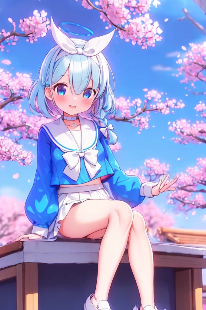 Arona,1girl,solo,shoes,white footwear,braid,blue shirt,serafuku,long sleeves,white sailor collar,hairband,white choker,bangs,smile,single braid,bow hairband,cityscape,sitting on rock,cherry blossom forest,falling petals,, (masterpiece), (best quality), HDR, intricate detail,(no_pants,underwear,panties,blue_striped_panties)