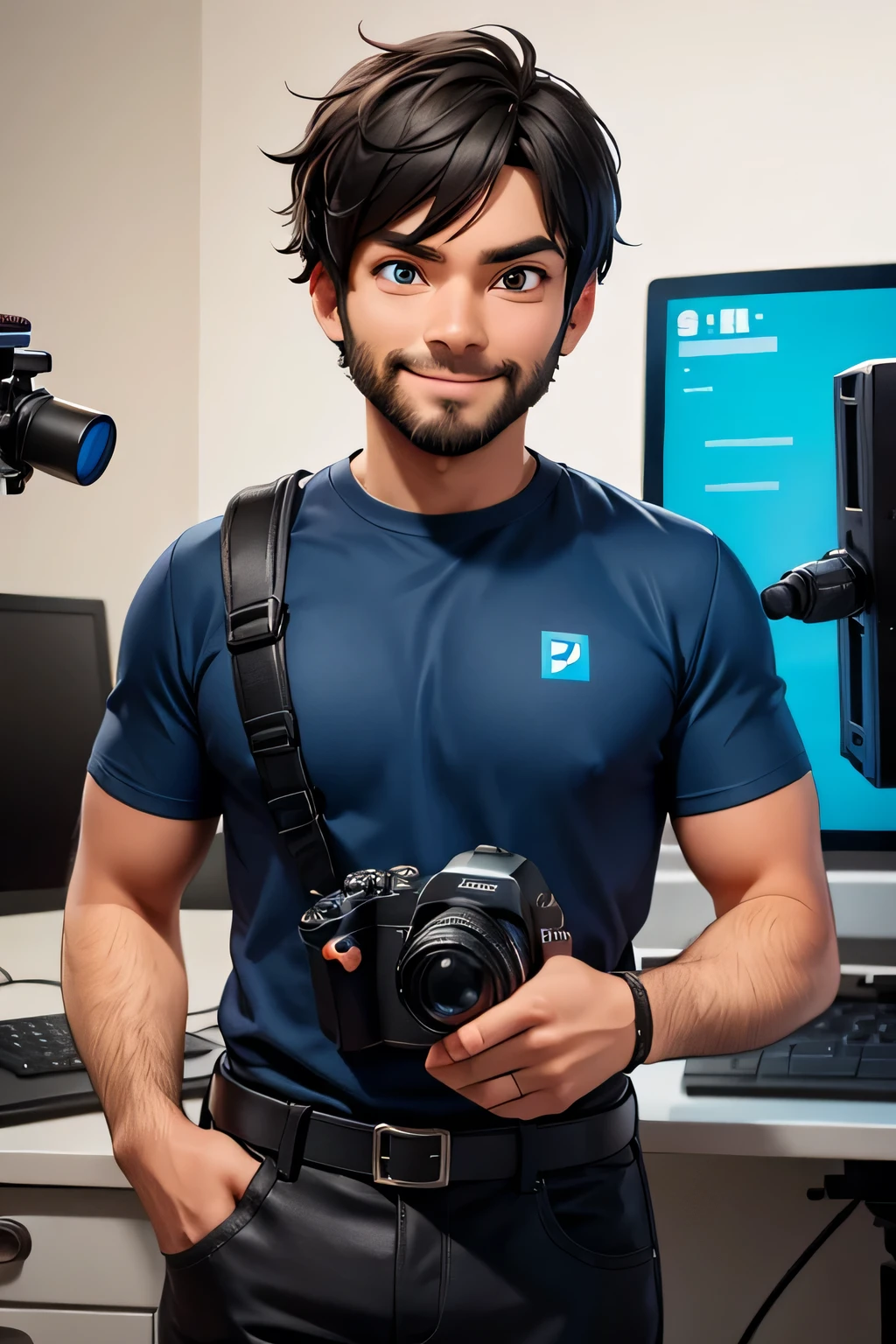 a 3d male Pixar cartoon character with a cool animated face and a good smile, with short black hair, short beard, wearing a blue shirt with the Digital Connection logo printed on it. The character is holding a camera in his hand, in front of a tripod with a camera for filming. The setting is a video and photo recording and editing studio, appearing modern background and many equipment.