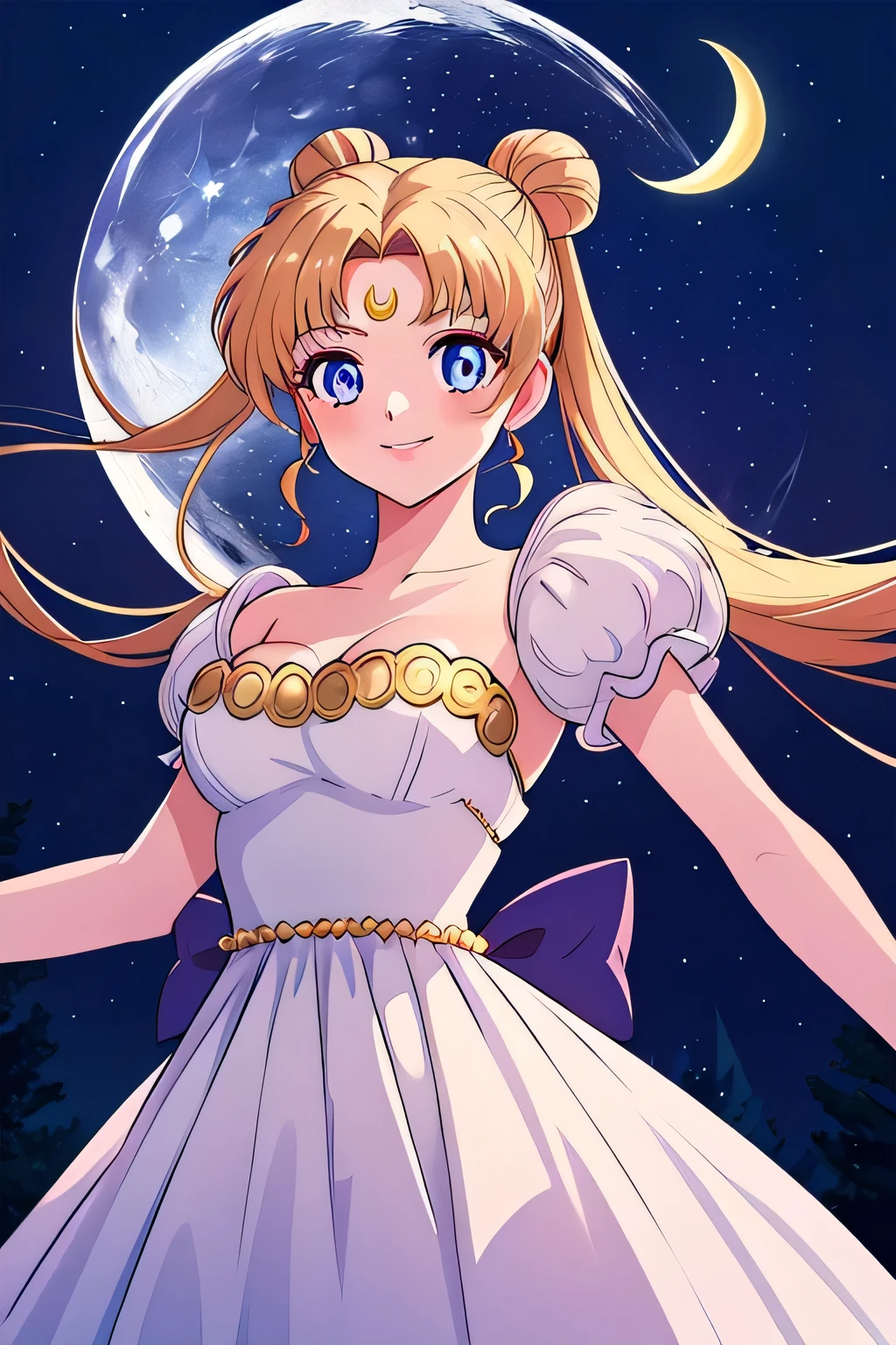 ((best quality)), ((highly detailed)), masterpiece, absurdres, (detailed eyes, deep eyes), (1girl), dynamic pose, cowboy shot, SMUsagiTsukino, smiling, Princess_white_strapless_dress_huge_back_bow_Golden_crescent_forehead_mark, (at a shiny pond, midnight, night sky, stars, moonbeam)