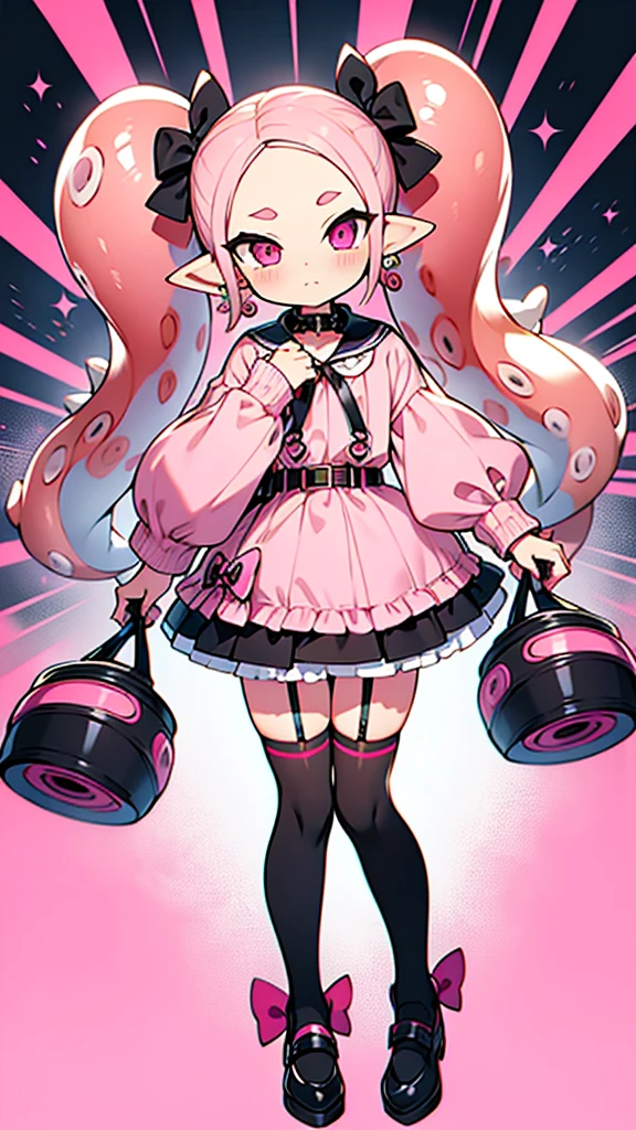 Insanely detailed super accurate anime illustration,pink sweater with vertical lines,
earrings,garter belt,
black knee socks,twintails, pink skirt, collar, bow, black thighhighs, black footwear,ribbon,frill,
splatoon's octoling,octopus girl,forehead,