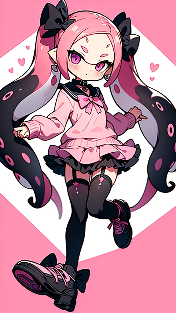 Insanely detailed super accurate anime illustration,pink sweater with vertical lines,
earrings,garter belt,
black knee socks,twintails, pink skirt, collar, bow, black thighhighs, black footwear,ribbon,frill,
splatoon's octoling,octopus girl,forehead,