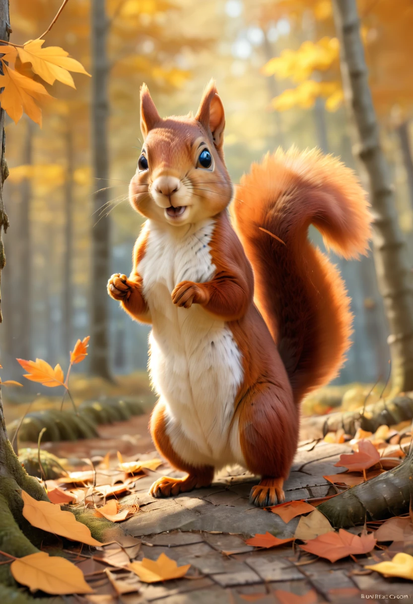 Create a delightful digital painting of a curious squirrel with a bushy tail. The squirrel is collecting acorns in a vibrant autumn forest filled with trees displaying various shades of orange, yellow, and brown leaves. Sunlight filters through the canopy, casting warm dappled light on the forest floor. Render the image in 3D to capture the squirrel's agility and the enchanting beauty of an autumn woodland.