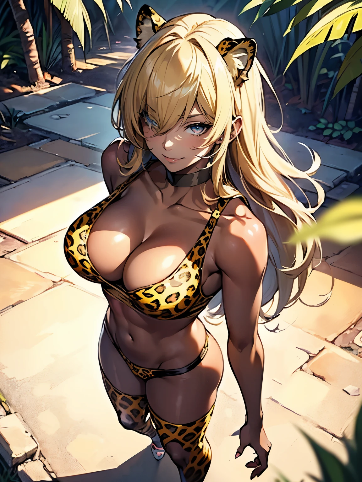 ((Seductive Anime lady:1.3, solo:1.5))、((fusion of leopard and lady:1.4))、((animal ear))、((lie down:1.2, full body))、((arched back:1.3))、((yellow color, thong1.2))、((wedgie))、((dark skin))、blonde hair、((looking up at viewer:1.2))、((from above:1.2))、((Being in jungle:1.3))、erect nipples、((crop top navel:1.2))、((cleavage))、((Slender body))、((sleeveless:1.2))、((collarbone))、((Glossy realistic skin texture))、shiny skin、masterpiece, ultra-detailliert, 8k, hiquality, Top image quality, Smooth texture、watercolor