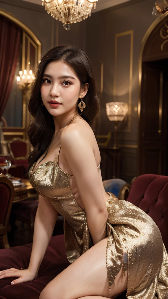 A captivating Asian woman in her twenties, reminiscent of the amazing beauty and allure of the model Jeon Somi. Rendered in hyper-realistic detail with exceptional ((flawless features)). Porcelain skin: skin like luminous porcelain, radiating a healthy and youthful glow. Every highlight and shadow should be carefully processed to enhance her natural beauty. ((perfectly defined features)) Sharp cheekbones, sculpted jawline, a subtle touch of realism. Sparkling eyes: captivating eyes, radiating warmth and adventure. Expressive eyebrows: perfectly balanced. Delightful lips: full, perfectly shaped lips curve into a seductive smile. Focus: ((realistic description with extraordinary detail)).
Location: Venice, Italy - Grand ballroom during a lavish masquerade ball. Crystal chandeliers cast a warm glow on the opulent scene, reflecting off the extravagant costumes and sparkling jewelry. The air hums with the sound of classical music and hushed conversations.
Description: A captivating Asian woman in her twenties, reminiscent of the model Jeon Somi. Hyper-realistic details showcase flawless features - a single, strategically placed jewel adorns her cheekbone, hinting at a captivating beauty hidden beneath. Sparkling eyes peek out from behind an ornate, jeweled half-mask, radiating a mysterious allure. Full lips, painted a soft plum color, are slightly parted, hinting at a playful secret.
Pose & Outfit: Reclining seductively on a plush chaise lounge, one leg suggestively draped over the armrest. She is clad in a flowing, crimson silk gown that cascades down her figure, adorned with intricate lace and shimmering embellishments. A single, glistening diamond earring dangles from her flawless ear, adding a touch of luxury.
Viewpoint: Low angle shot, emphasizing the woman's captivating pose and the opulent details of the ballroom.
Emphasis: Exceptional quality, hyper-realistic detail, glamorous Venetian masquerade setting, luxurious and sensual atmosphere.