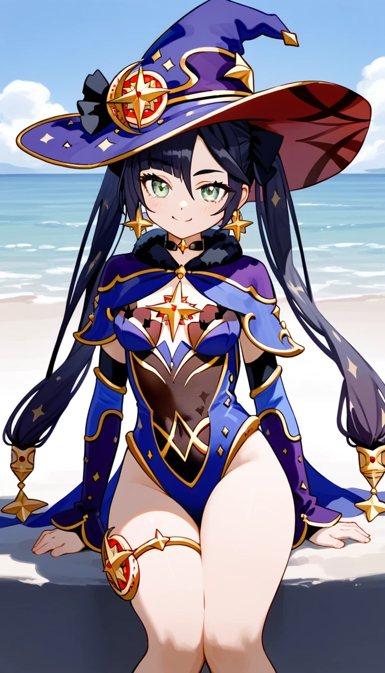 masterpiece,Ultra HD,score_9, score_8_superior, score_7_superior, score_6_superior,score_4_superior BREAK source_anime,可愛いanimeイラスト, One girl, alone, Mona XL, Long black hair, Green Eyes, tsurime, Twin tails, Medium chest, Witch Hat,leotard, Elbow hand pockets, Thigh guard,,View your viewers,smile,beach,Sitting,