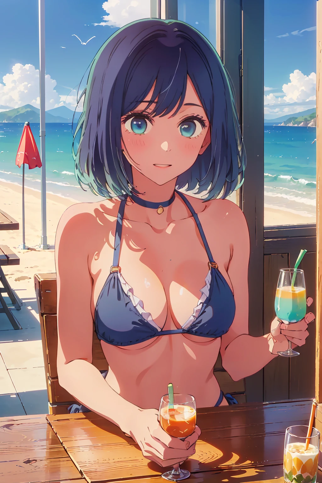 (Highest quality:1.4、masterpiece:1.4、Super detailed:1.4、8K:1.4)、((((1 person、Surprised expression、sit、Outdoor café terrace、coastal、juice、table、Sandy Beach、juiceのグラスを持つ、Plain Bikini、Very soft boobs、Big eyes、Very cute face))))、(moonlight:1.4、at midnight:1.4)、F cup bust、Medium breast