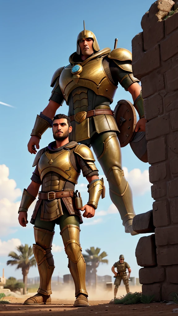 "A towering giant named Goliath, with shining bronze armor, challenging the Israelite army on a battlefield. Israeli soldiers watching in fear and surprise."