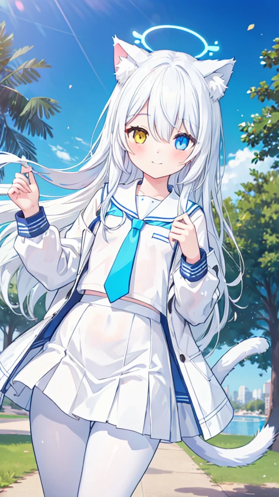 White hair，Cat ear，Long hair，Heterochromia(Left blue right yellow)，Smile，There are bright spots in the eyes，flat chest，White sailor suit，White skirt，White pantyhose，in the park，Alone，Blue tie，Cat tail，Blue Halo