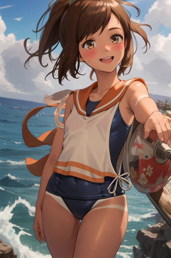 ((masterpiece)),(Highest quality),Official Art,Highly detailed CG,unity 8k wallpaper,Super detailed,Lighthouse on top of a cliff by the sea,One girl,一人in,Cowboy Shot,brown_hair,Dark Skin,Sunburn,School_Swimwear,brown_eye,smile,one piece_Swimwear,Swimwear_Down_Clothes,Sailor_collar,short_hair,Looking_in_Audience,blush,School_uniform,short_ponytail,