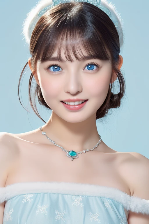 break (White and light blue theme:1.5), ((Elegant Style, nice):1.2), ((light-blue princess dress with white Fluffy fur, light blue hoop skirt):1.4), (Snowflake symbol print on dress:1.4), ((Strapless, Bare shoulders):1.3), (very precise embroidery:1.3), (Fluffy fur:1.3), (necklace made of countless gemstones:1.2), (High heels:1.1),、((Big eyes that shine like jewels))、Glossy glossy skin、(Droopy big eyes, Natural Makeup、Ultra-high definition beauty face:1.35)、(Ultra high resolution perfect beautiful teeth, Mid-chest, Tight waist, toothy big smile,medium breasts,slender waist:1.15)、Young and cute gravure