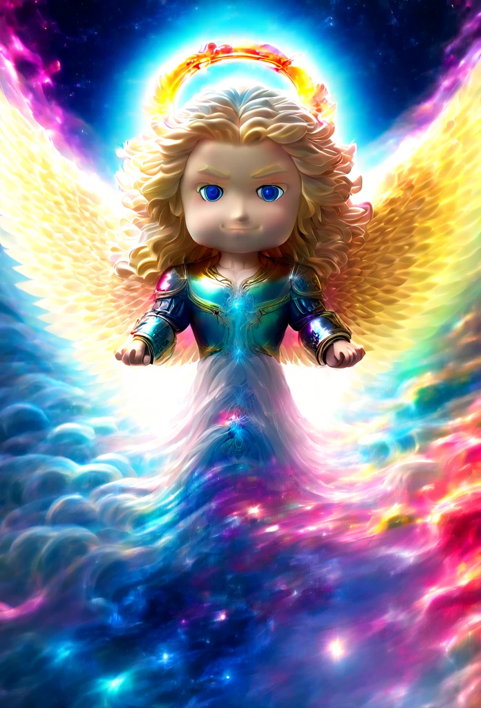 3D chibi anime style, Full body man, YOUNG, light skinned, with light blue eyes and long hair, wearing modern clothes. He has an angel halo with unusual shapes above his head and is floating in space. In the background there are bright stars, spiral galaxies and several planets of different sizes and colors. Make sure the hands have good details.