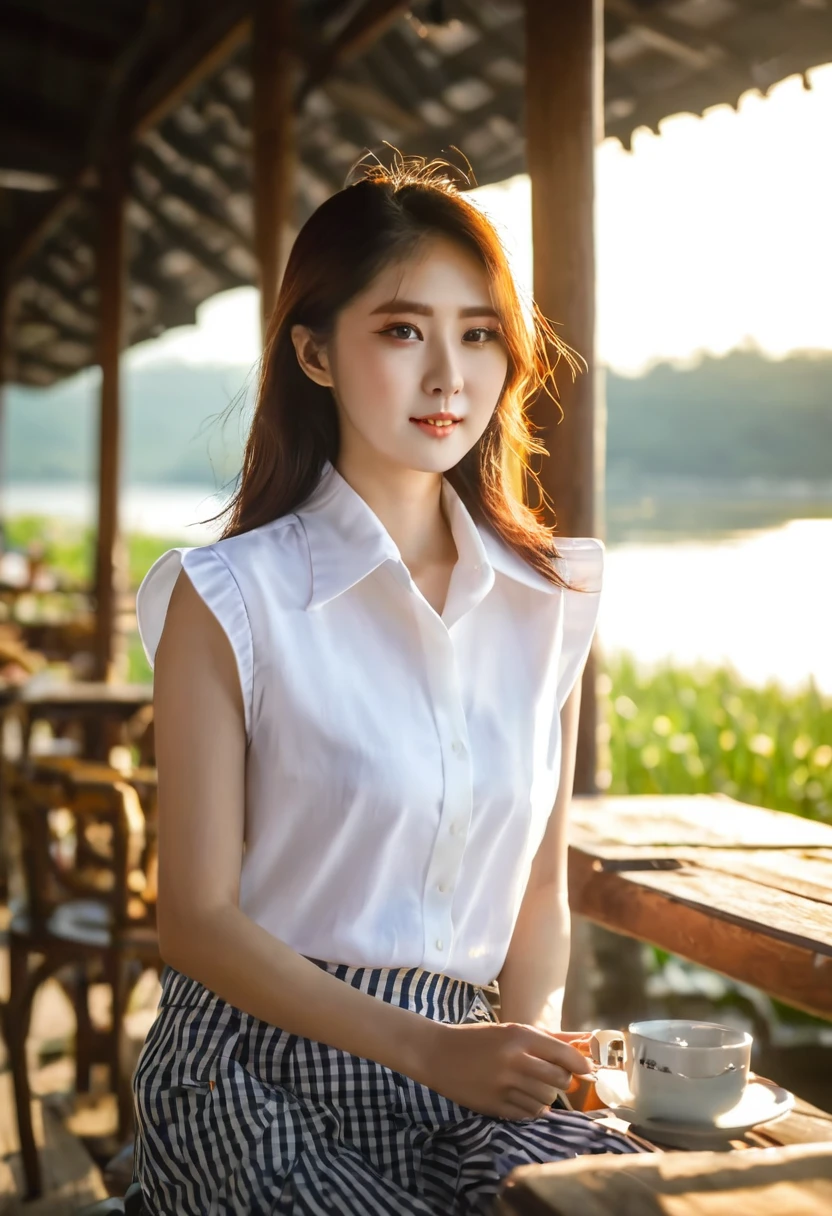 natural daily white sleevless shirt korean girl in the Morning rise, warm sunlight, a morning by the dock, sittting at outdoor cafe, big windows, cozy atmosphere, person in the bacground, depth of fields, Nikon z6 RAW image, playing with shadow, playing with lighting, rim light, hair light. back light, shadow,