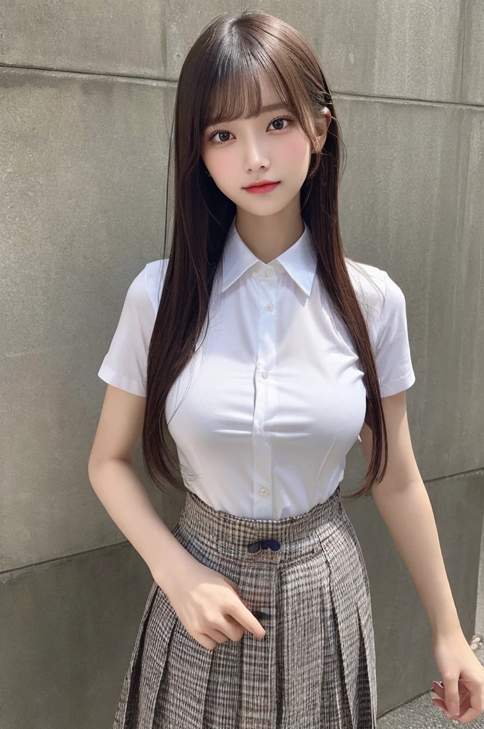 (8k, RAW photo, top quality, masterpiece: 1.2), (realistic, photorealistic: 1.37), ultra detail, ultra high resolution, one girl, beholder, beautiful detailed face, smile, constriction, (slim waist): 1.3), beautiful detailed skin, skin texture, floating hair, professional lighting, Japanese beautiful girl, long hair, bob cut, beautiful hair, , attractive breasts, (huge breasts:1.2), beautiful shape breasts, full body from toes to head, standing, Shift gaze away, gaze into the distance, natural color hair, color inner hair, collared shirt, pleated skirt, , bow