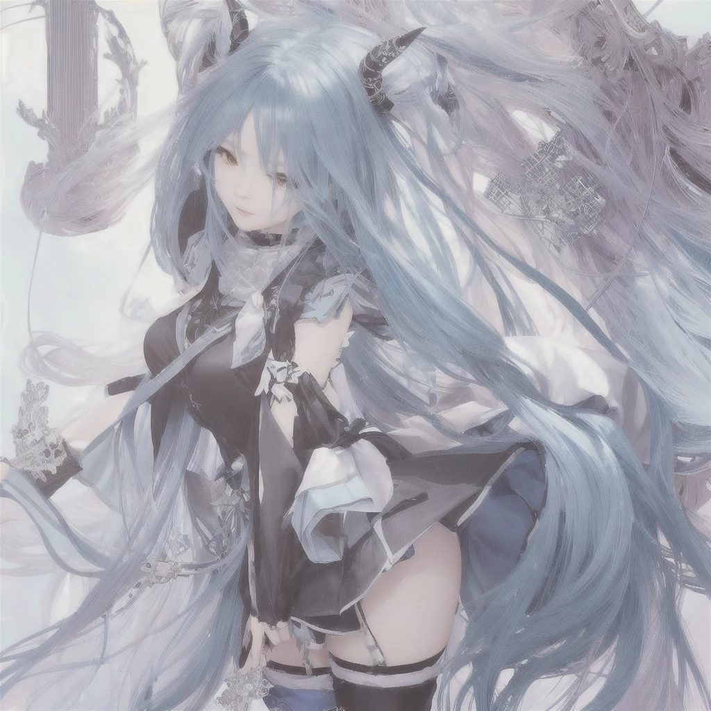 Anime girl with long blue hair and horns in a dress, digital art on Pixiv, trending on artstation Pixiv, Pixiv contest winner, by Shimo, Pixiv, guweiz on Pixiv artstation, Anime Style 4k, Zerochan Art, Nightcore, From Arknights, guweiz on artstation Pixiv