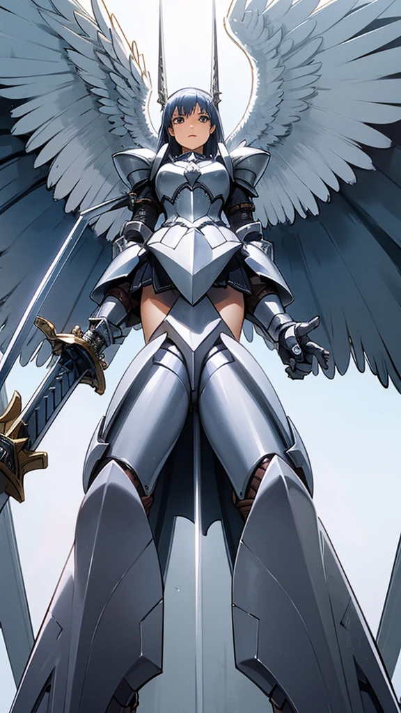 armored angel girl, wing, prepare a sword, highleg, open stance, from below, fantasy battle scene 