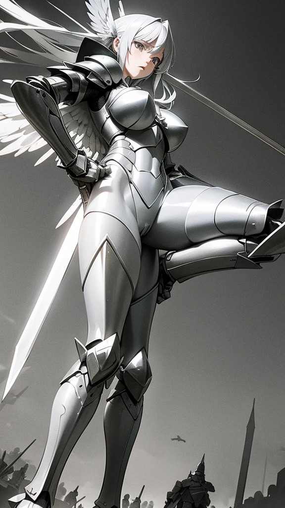 armored angel girl, wing, prepare a sword, highleg, open stance, from below, fantasy battle scene