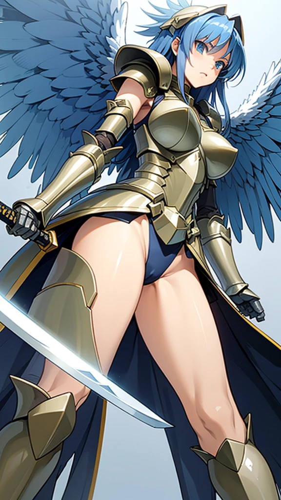 armored angel girl, wing, prepare a sword, highleg, open stance, from below, fantasy battle scene 