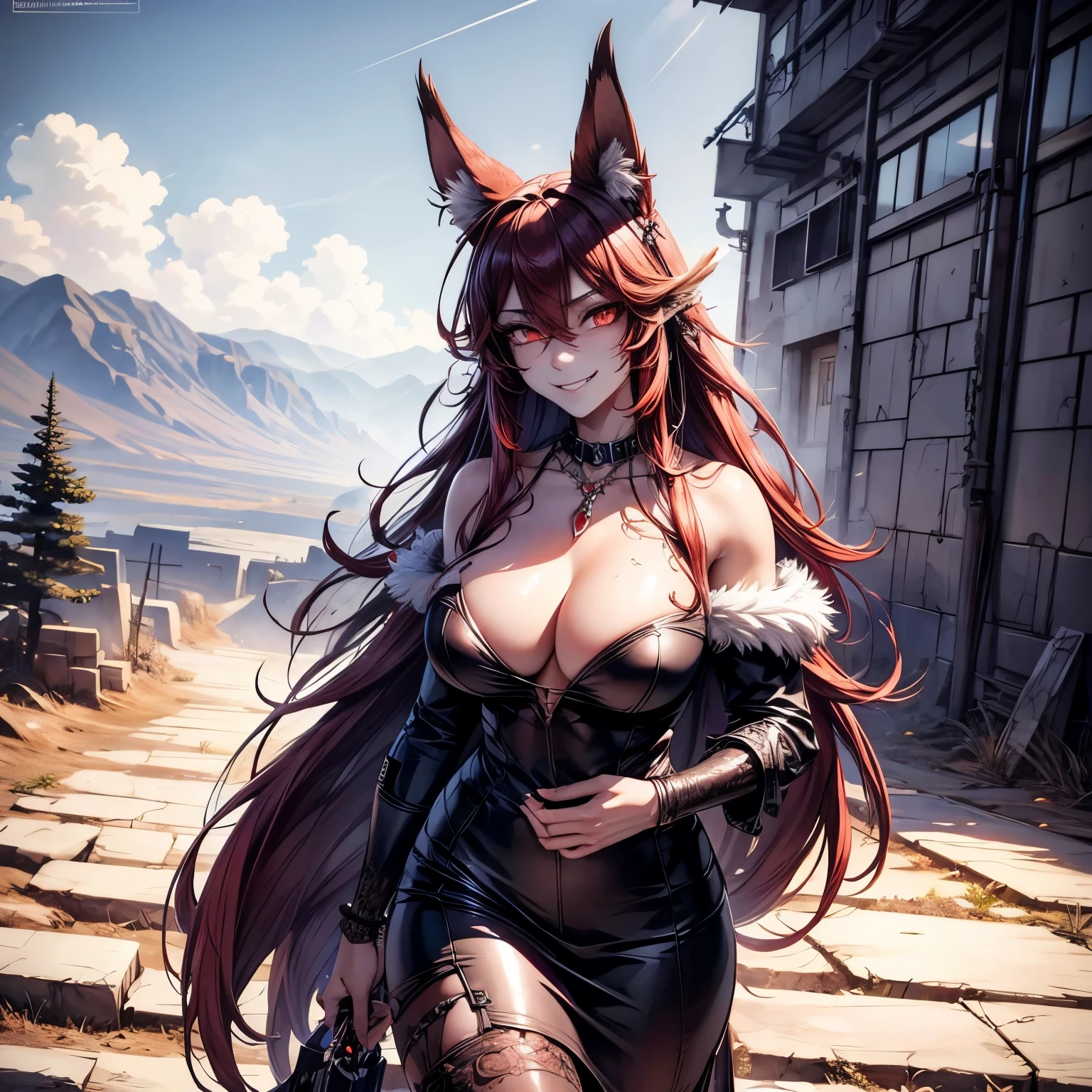 Walk in an apocalypse setting, [Best quality, shaded, extreme details, very detailed, ultra detailed, complex, realistic, perfect face], fenrir woman, thick fur, long hair, (red colored fur), almond eyes, smile discreet, serene face, wears a brooch around his neck.