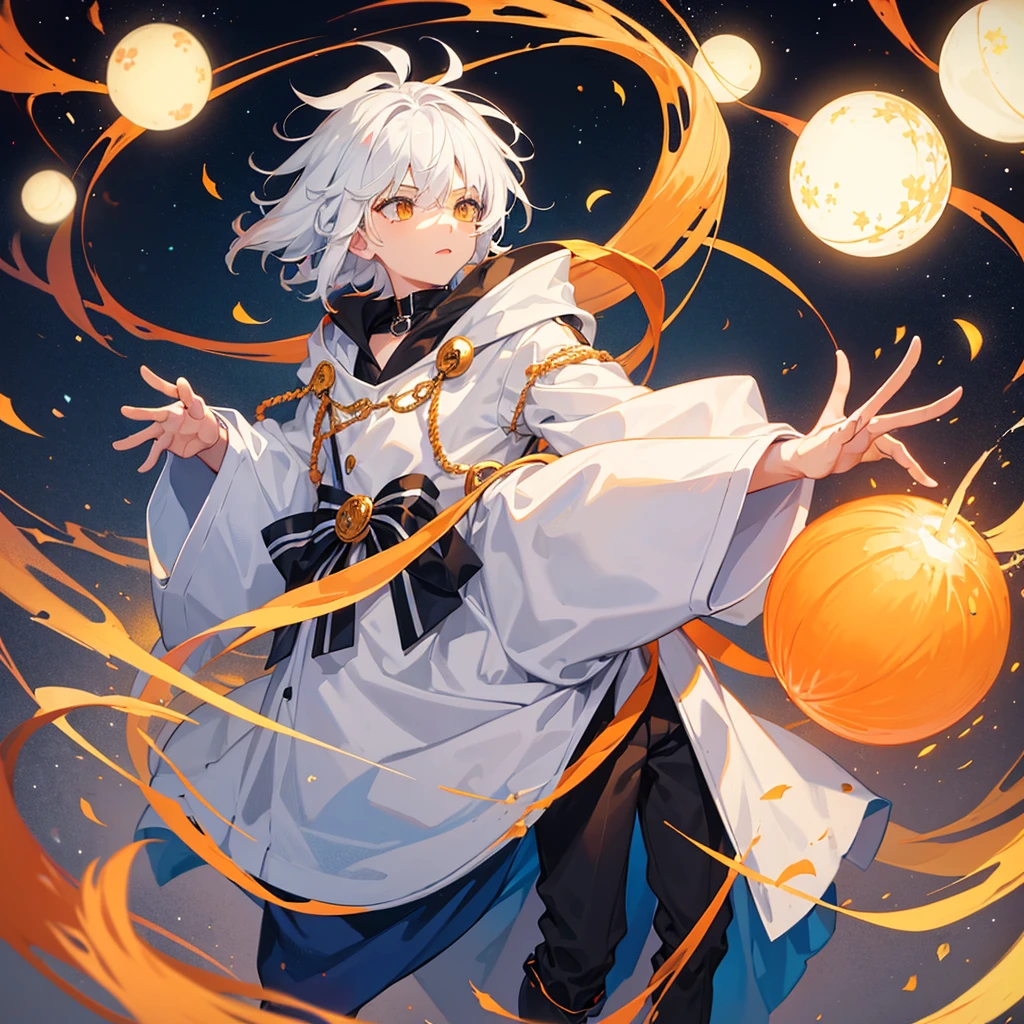 Create a boy, a 10 year old  who has fluffy white hair, an orange wizard&#39;s cloak, an orange wizard&#39;s hat, a white tie and a very cute happy face, a pretty smile
