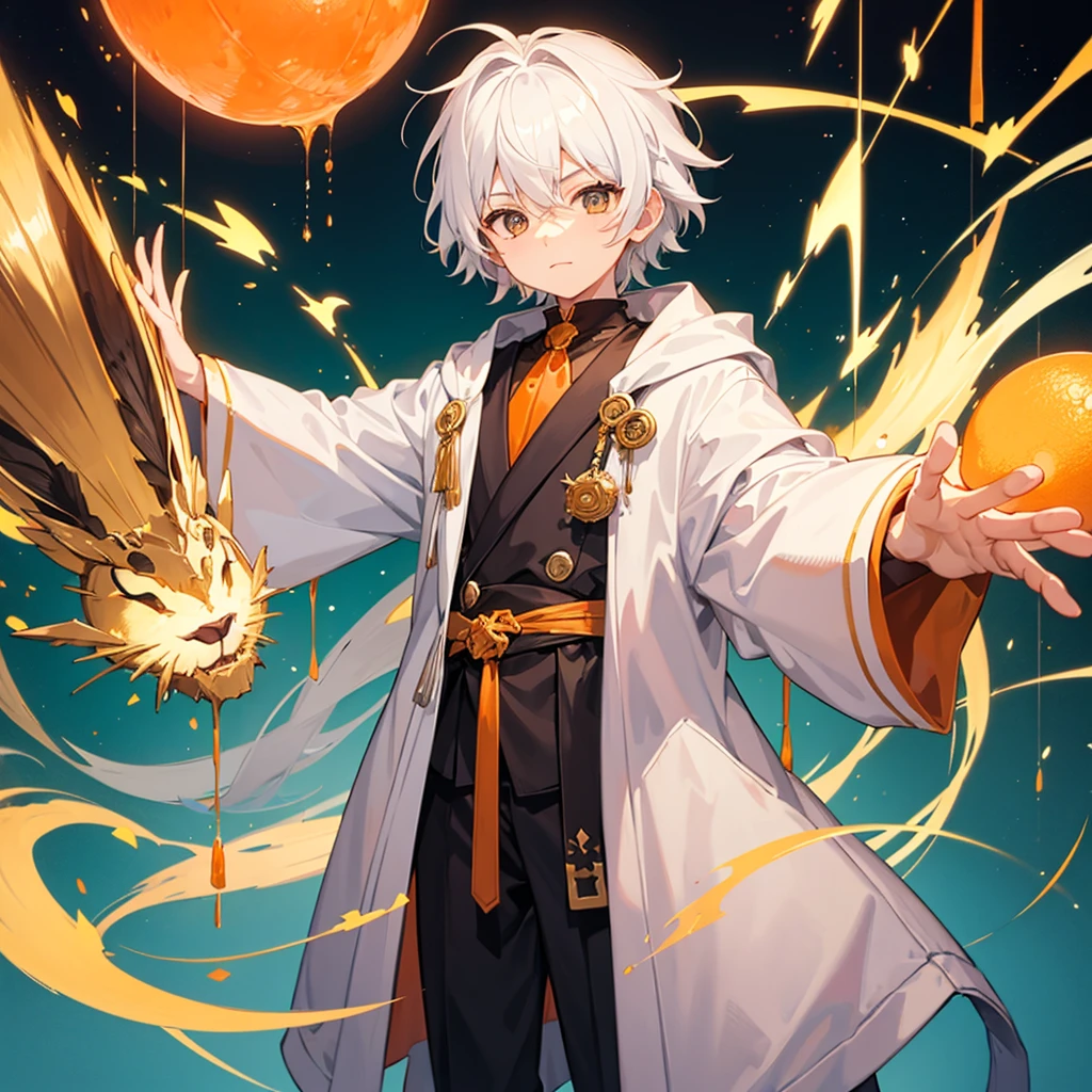 Create a boy, a 10 year old who has fluffy white hair, an orange wizard's cloak, an orange wizard's hat, a white tie and a very cute happy face, a pretty smile
