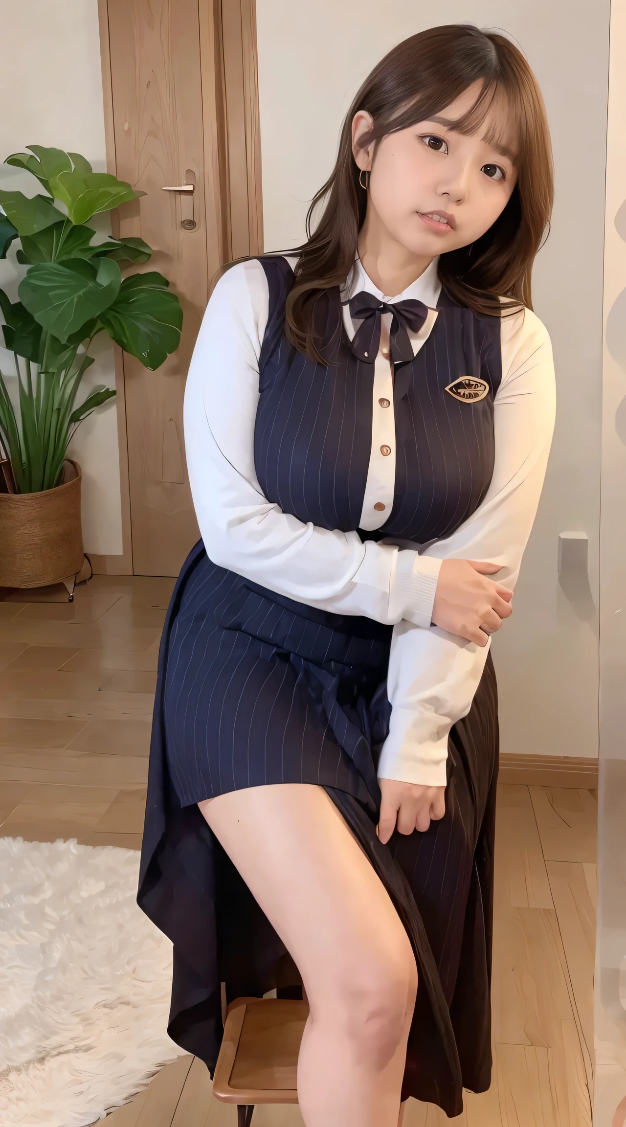 ((Highest quality、Highest quality、Raw quality)), Japanese ID, Mature Woman, ((Chubby round face around 40 years old)), Glasses, Wavy black hair with no bangs, Medium Long Hair, ponytail, Flashy makeup, Fuller lips, Sexy Gaze, uniform, ((dressing)), looking at the camera, Low angle shooting, Cute duck lips,((Very accurate and correct anatomy)), (masterpiece:1.3), Perfect proportions, Realistic photos, Full Shot, whole body, (height: 146cm), High heels