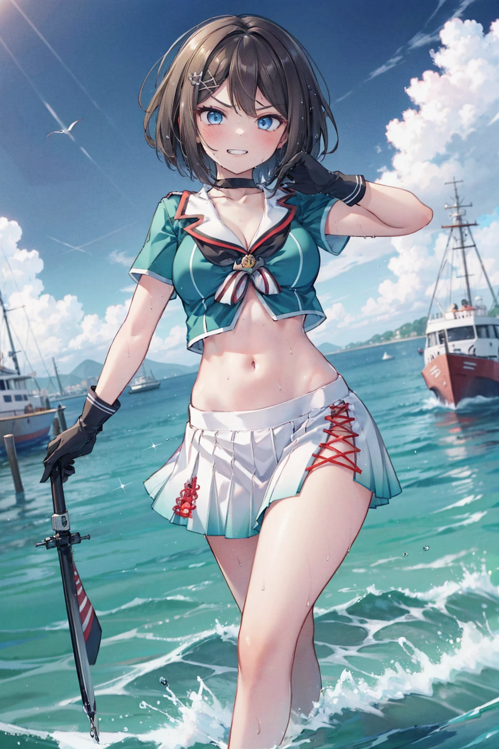 1young_teen_ girl, , brown_hair, medium_bob_hair, blue_midriff_baring_sailor_uniform, mini_skirt, short_sleeve, thighs, big_breasts, angry, smile, grin, standing, harbor_background, slightly_spread_Legs, happiness, short_gloves, wet,,covered_nipples, covered_crotch,Maya_flag,