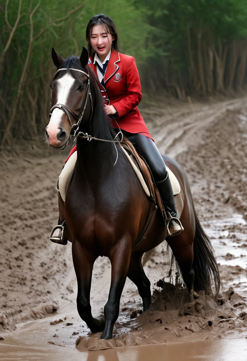 neighing horse,(((masterpiece))),(((Highest quality))),((Tabletop:1.4, Highest quality)), (Realな写真:1.4), red coat,
((1 muddy girl knight)),rodeo,Desperate,Don't make eye contact,round face,Surprised face,panish,tragedy,Pink Cape,
(超High resolution:1.2), wonderful, Very detailed CG Unity 8k wallpaper, Very detailed, High resolution,draft horse ridden by japanese cute girl is in heart,tight,muddy place,Beauty,The horse neighs,鎧を着たtragedyの女騎士,Sink,In the mud,Plump,
Cold Light, Beautiful detailed girl, Droopy eyes,Very detailedな目と顔, Beautiful and exquisite nose, Beautiful and exquisite, prancing draft horse ridden by a girl can't move because horse and girl soak in the sticky muddy deep pitfall:10.0 , horse falls down ,looks pained ,Surprised face:2.0,Real,Anatomically correct