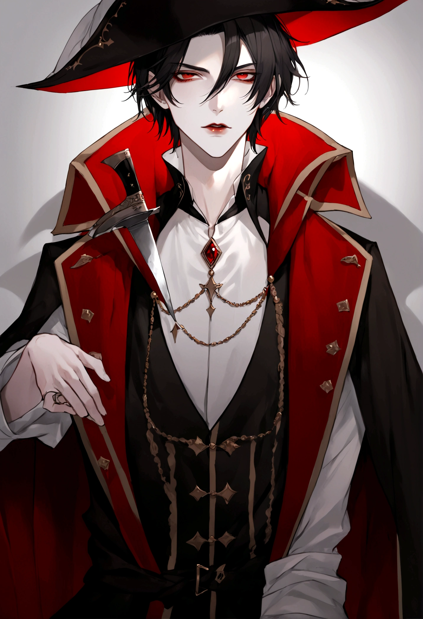 anime character dressed in pirate costume with knife in hand, vampire lord, handsome male vampire, male vampire, l vampire, ((wearing aristocrat robe)), anime vampires, androgynous vampire, beautiful androgynous prince, beautiful male god of death, male vampire of clan banu haqim, zerochan art, count dracula