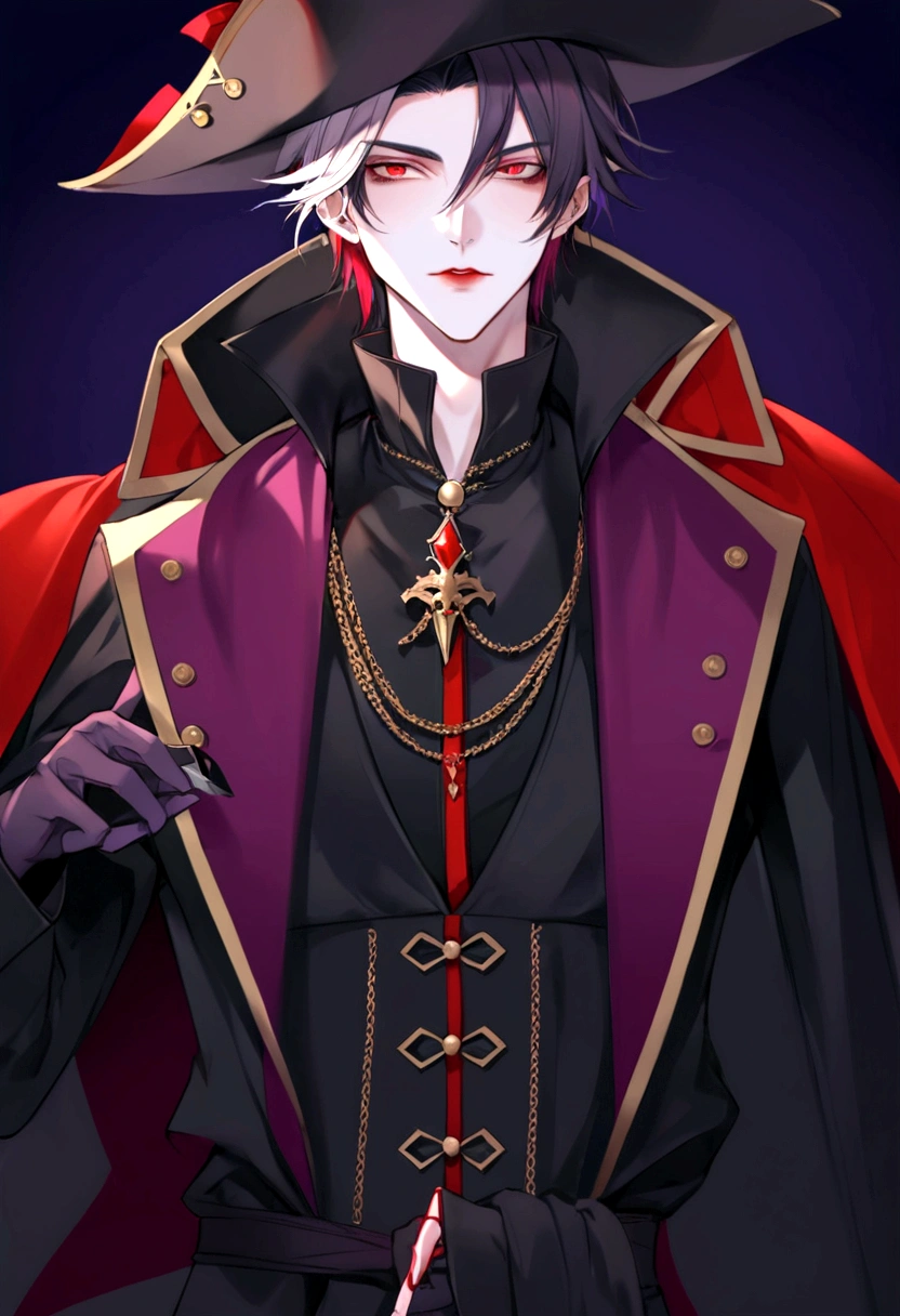 anime character dressed in pirate costume with knife in hand, vampire lord, handsome male vampire, male vampire, l vampire, ((wearing aristocrat robe)), anime vampires, androgynous vampire, beautiful androgynous prince, beautiful male god of death, male vampire of clan banu haqim, zerochan art, count dracula