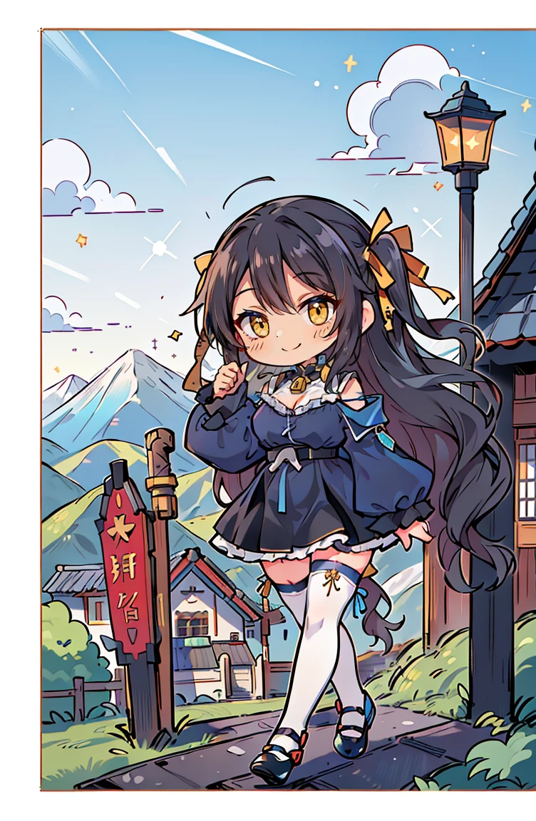 (masterpiece:1.2), (high quality:1.2), hui xiyi, rekkyo sensen, rekkyou sensen, (full body, chibi girls:1.45), solo focus, girls with((black hair, tits cleavage, exposed breasts, breasts close up, dress, (blue clothes:1.3), ribbon belt, off-shoulder sleeves, long sleeves, furry jacket, frills shirt, frills camisole, straps, (ribbon tie, rosary choker, golden rosary, cross:1.05), (strap shoes, black shoes, exposed legs, exposed foots, left thighhigh, white thighhigh:1.67), (long wavy hair, one side up:1.4))), background with ((architecture, blue sky, building, bush, castle, village, no humans, cloud, cloudy sky, day, fence, field, garden, grass, hill, house, lamppost, landscape, mountain, mountainous horizon, nature, no humans, outdoors, scenery, shrine, sky, tower))