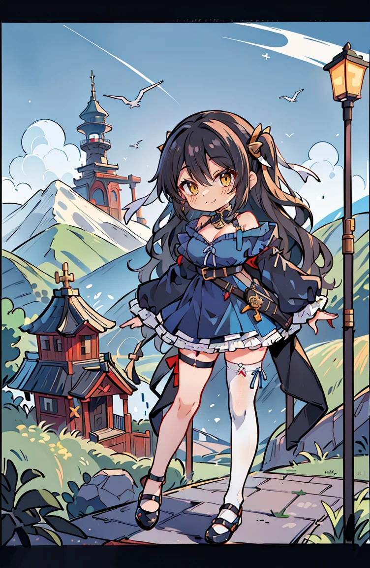 (masterpiece:1.2), (high quality:1.2), hui xiyi, rekkyo sensen, rekkyou sensen, (full body, chibi girls:1.45), solo focus, girls with((black hair, tits cleavage, exposed breasts, breasts close up, dress, (blue clothes:1.3), ribbon belt, off-shoulder sleeves, long sleeves, furry jacket, frills shirt, frills camisole, straps, (ribbon tie, rosary choker, golden rosary, cross:1.05), (strap shoes, black shoes, exposed legs, exposed foots, left thighhigh, white thighhigh:1.67), (long wavy hair, one side up:1.4))), background with ((architecture, blue sky, building, bush, castle, village, no humans, cloud, cloudy sky, day, fence, field, garden, grass, hill, house, lamppost, landscape, mountain, mountainous horizon, nature, no humans, outdoors, scenery, shrine, sky, tower))