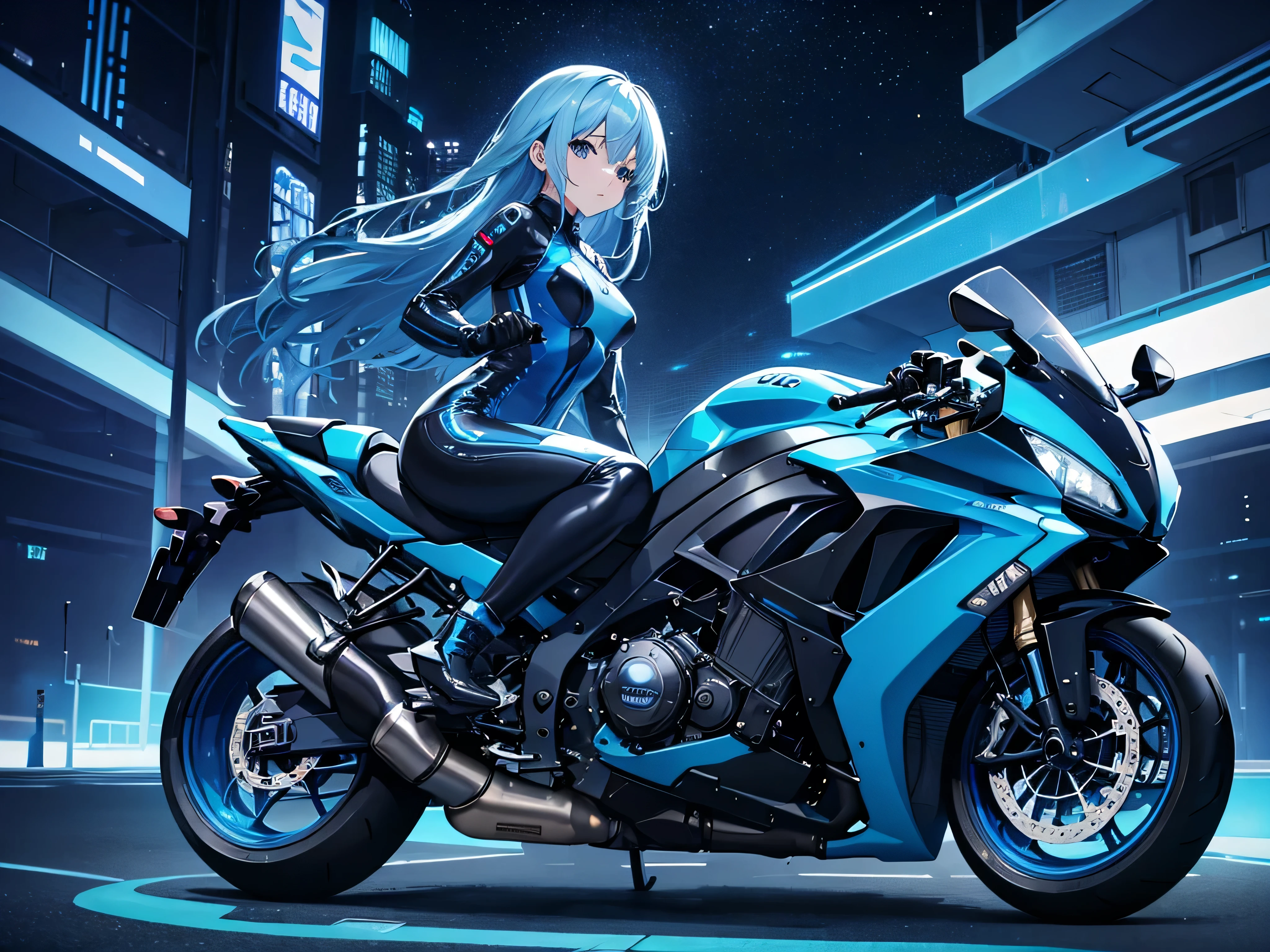 A girl riding a large blue sports bike、Patent leather riding suit、circuit、pit、blue blow hair、Asian、Futuristic City、Night view、Mirror-like floor、, Spectacular Pyrotechnics, Star mine with a large number of fireworks, Shots from a distance, Backward view, Night view, A shy smile, Bokeh effect and depth of field, High Key Light