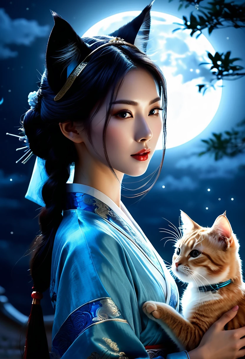 Apparition ,Girl, Cat ear, Beautiful oriental woman, Moonlit Night Background , Realistic Women, lovely