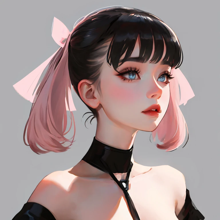 Russian women, Adult female, Style Booba Pad, Simple Background, Upper Body, Portraiture, breast focus, One girl, asymmetrical bangs, Asymmetrical Hair, bangs, Half shaved, pink ribbon in hair, Black Choker,Perfect breasts