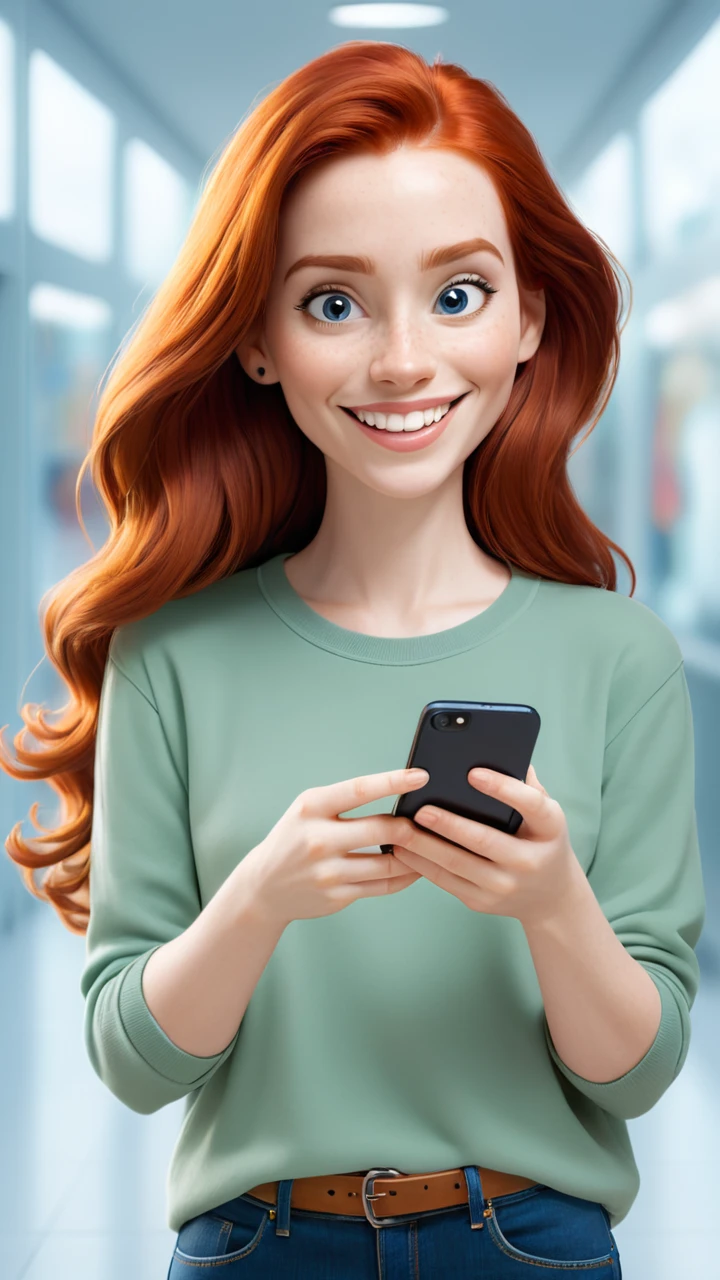 
Create a vibrant image of a young redhead, with long, loose hair, wearing casual and modern clothes. She must be smiling radiantly, with eyes shining with happiness, while holding a smartphone in your hand. The cell phone may have the screen lit, displaying a shopping or social media app, to imply that she is interacting with him. The image should convey a sense of excitement, joy and satisfaction in using the cell phone, ideal for promoting accessories for the device.