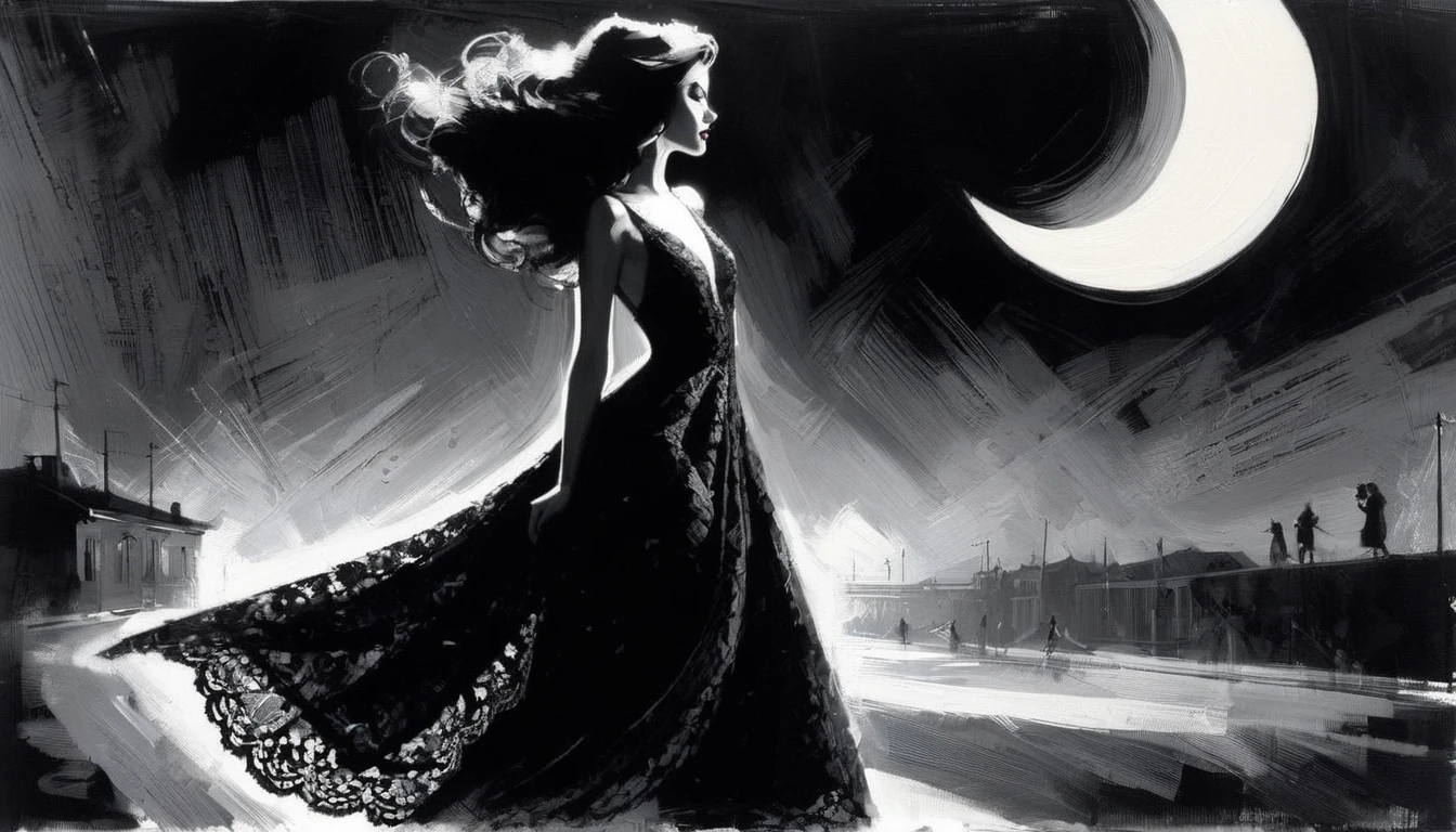 the sexy girl and the half moon, night, lace dress black and white image( art inspired by Bill Sienkiewicz, oil painting)эротическая поза, сексуальная, каблуки, чулки, красивое бельё
