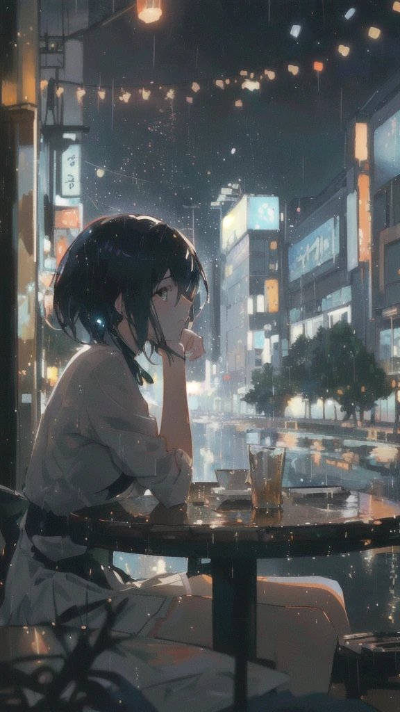 anime girl sitting at a table in the rain, reflections. by makoto shinkai, gloomy. by makoto shinkai, lofi girl, artwork in the style of guweiz, lofi portrait, digital art ilya kuvshinov, anime art wallpaper 4k, anime art wallpaper 4 k, ( ( makoto shinkai ) )