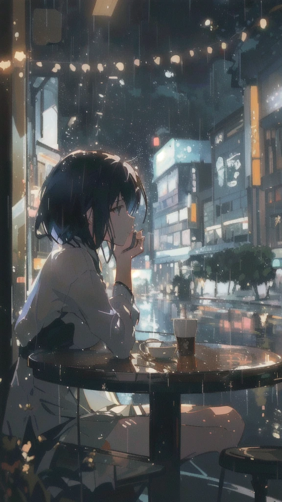 anime girl sitting at a table in the rain, reflections. by makoto shinkai, gloomy. by makoto shinkai, lofi girl, artwork in the style of guweiz, lofi portrait, digital art ilya kuvshinov, anime art wallpaper 4k, anime art wallpaper 4 k, ( ( makoto shinkai ) )