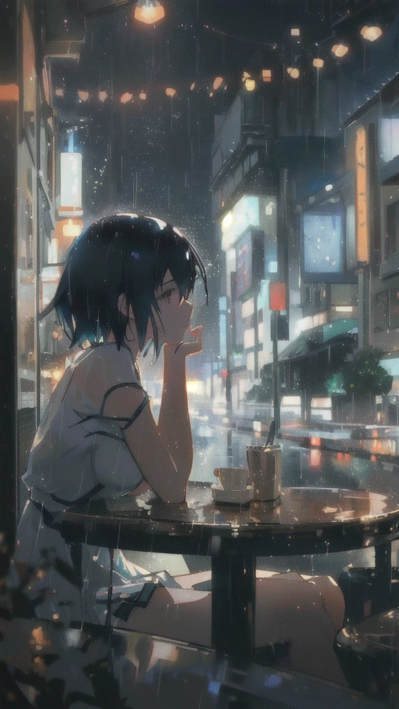 anime girl sitting at a table in the rain, reflections. by makoto shinkai, gloomy. by makoto shinkai, lofi girl, artwork in the style of guweiz, lofi portrait, digital art ilya kuvshinov, anime art wallpaper 4k, anime art wallpaper 4 k, ( ( makoto shinkai ) )