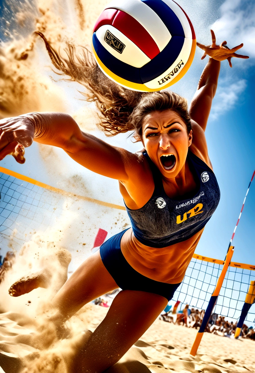 (Beach Volleyball), A beach volleyball female player is preparing to spike the ball on the beach, jumping up in the air. tense muscles appear exceptionally prominent under the influence of strength. tightly grips the volleyball, ready to hit the ball over the net with a full force. wearing brightly colored sports top, the sunlight casts mottled light and shadow on body. The background is a golden beach, sunny and full of vitality, bird's-eye view, full body, (Photography), panoramic view, award-winning, cinematic still, emotional, vignette, dynamic, vivid, (masterpiece, best quality, Professional, perfect composition, very aesthetic, absurdres, ultra-detailed, intricate details:1.3)