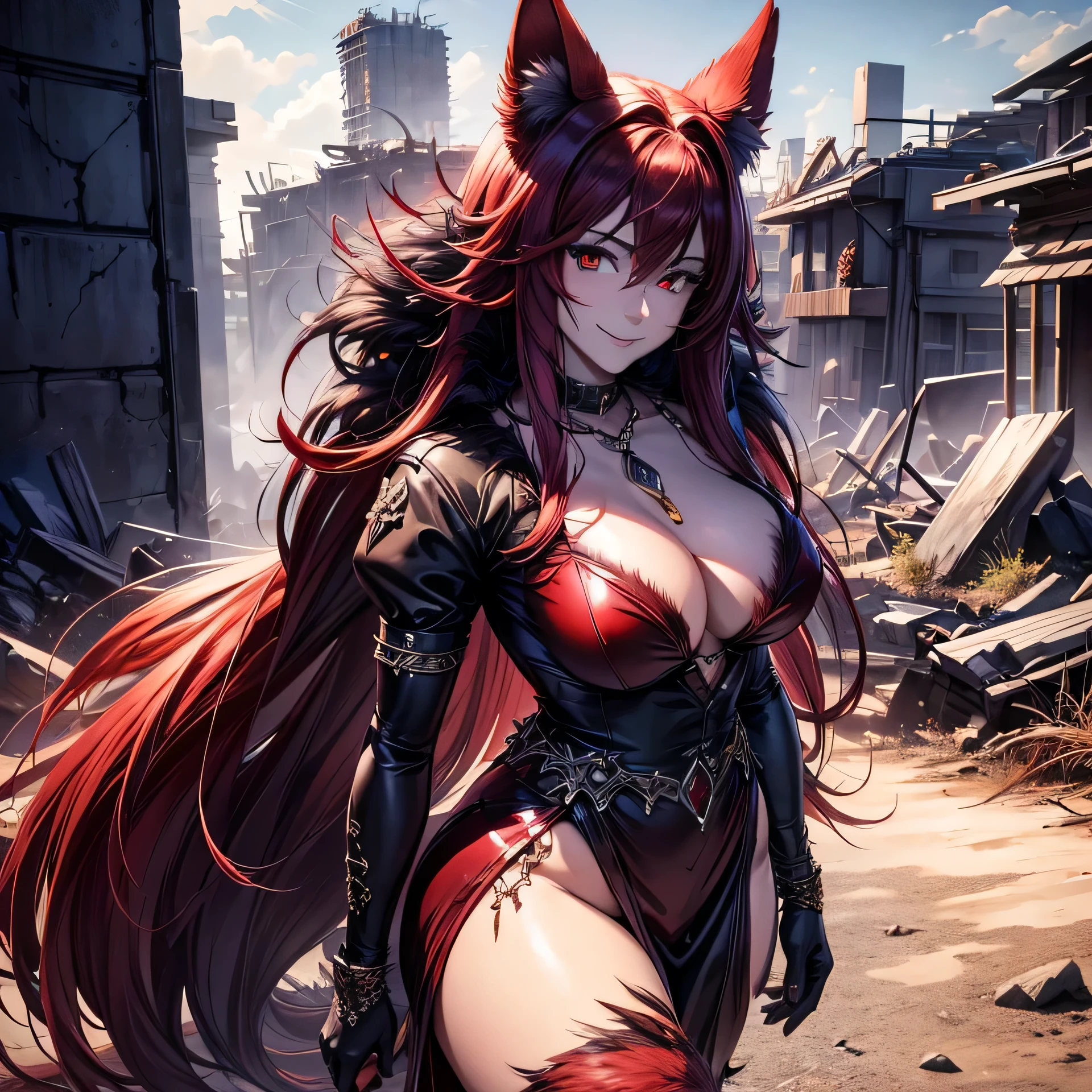 Walk in an apocalypse setting, [Best quality, shaded, extreme details, very detailed, ultra detailed, complex, realistic, perfect face], fenrir woman, thick fur, long hair, (red colored fur), almond eyes, smile discreet, serene face, wears a brooch around his neck.