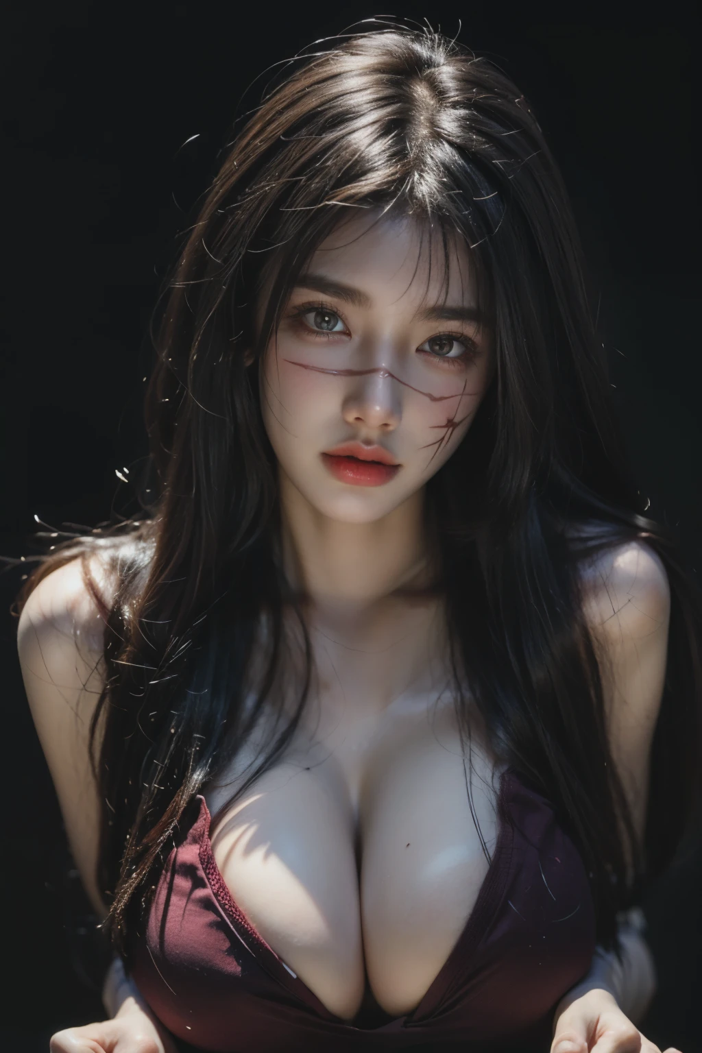 ((best quality)), ((masterpiece)), (detailed), 1girl, best quality, scars on face, big breasts, stare,
