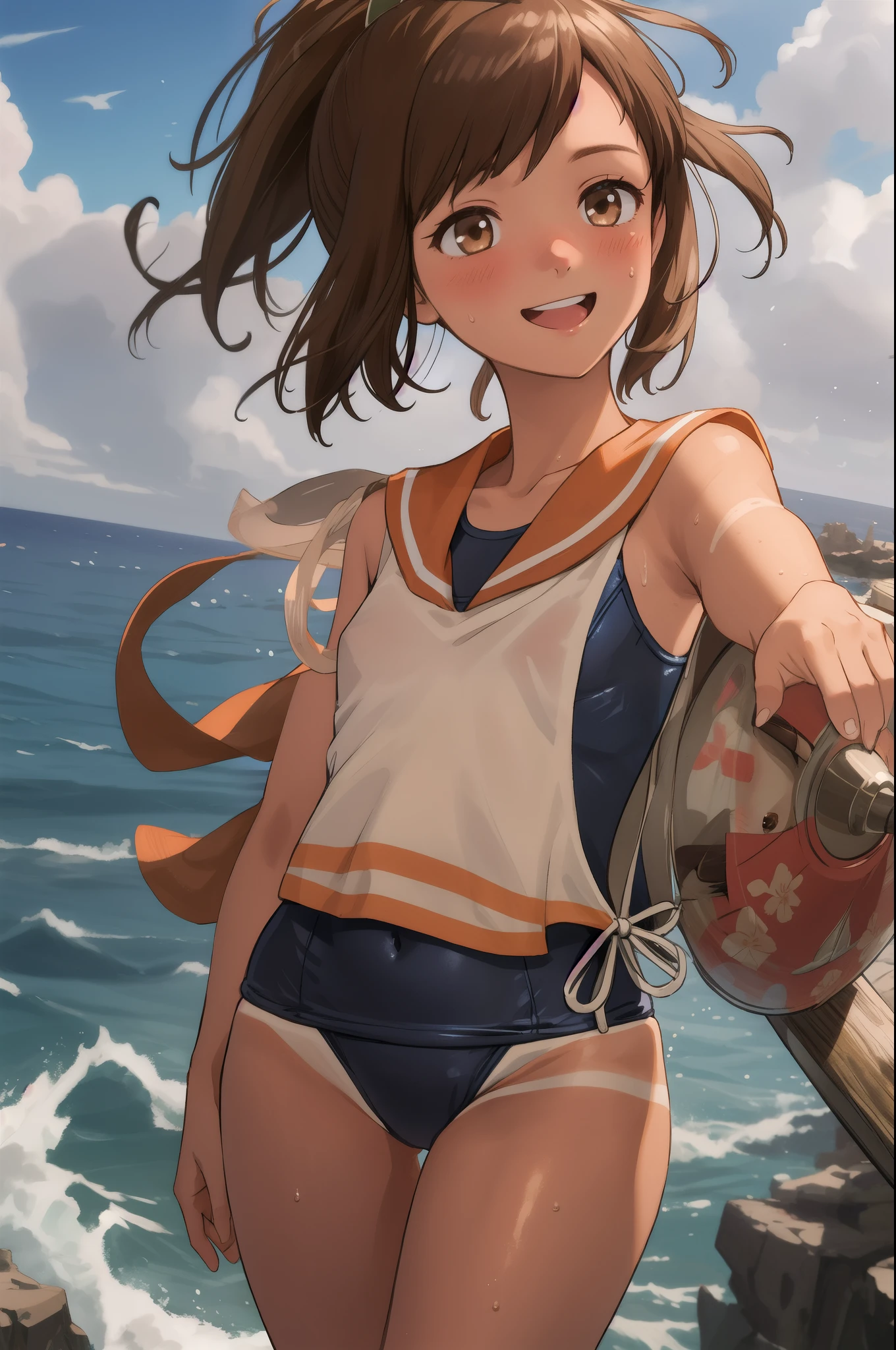 ((masterpiece)),(Highest quality),Official Art,Highly detailed CG,unity 8k wallpaper,Super detailed,Lighthouse on top of a cliff by the sea,One girl,一人in,Cowboy Shot,brown_hair,Dark Skin,Sunburn,School_Swimwear,brown_eye,smile,one piece_Swimwear,Swimwear_Down_Clothes,Sailor_collar,short_hair,Looking_in_Audience,blush,School_uniform,short_ponytail,